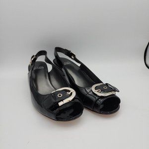Stuart Weitzman Size 8.5N Wedge Black Summertime Peep Toe Slingback Low Heel.